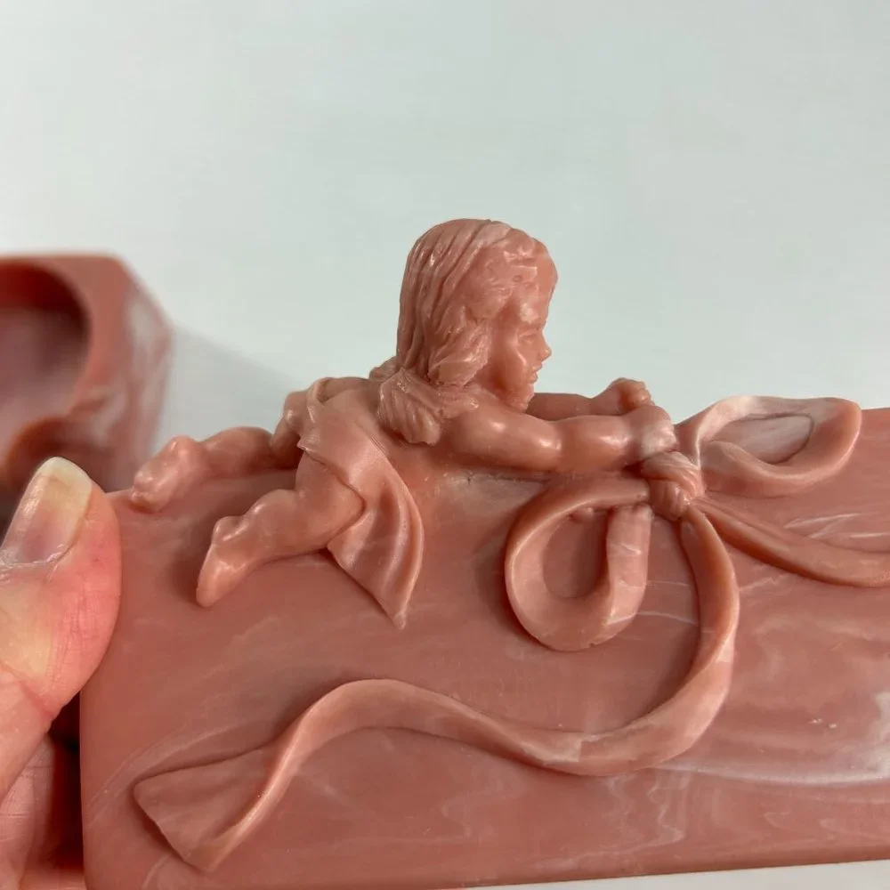 Vintage Hard Resin Rose Pink Cherub Angel Bathroom Set Towel Holder Soap Holder